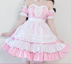 Women's ruffled maid Halloween costume with white tiered apron and lace-trimmed sweetheart bodice - view 2