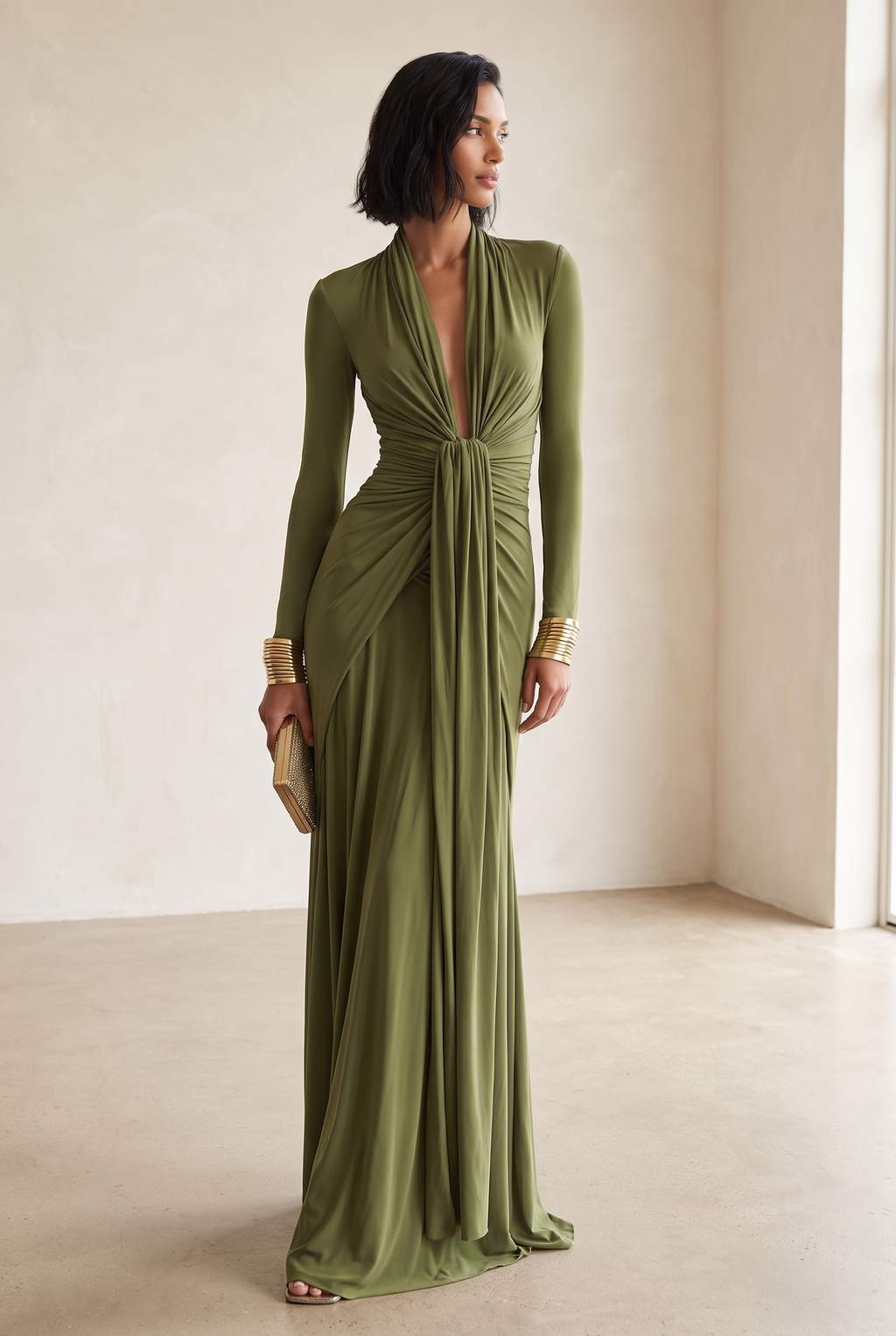 Olive green long sleeve formal maxi dress with draped plunge neckline