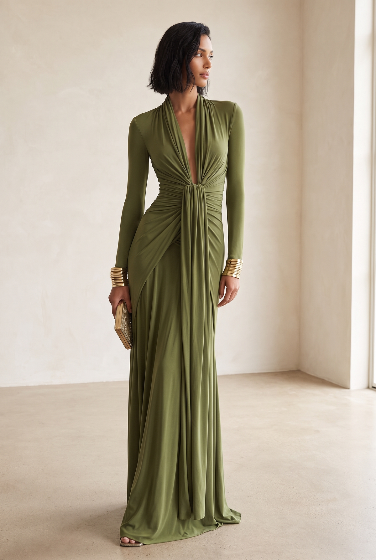 Olive green long sleeve formal maxi dress with draped plunge neckline