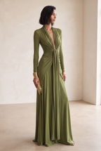 Olive green long sleeve formal maxi dress with draped plunge neckline - view 2