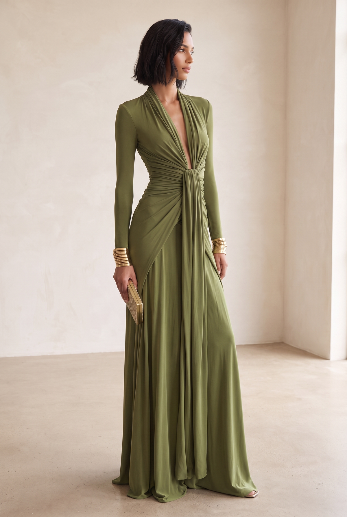 Olive green long sleeve formal maxi dress with draped plunge neckline - view 2