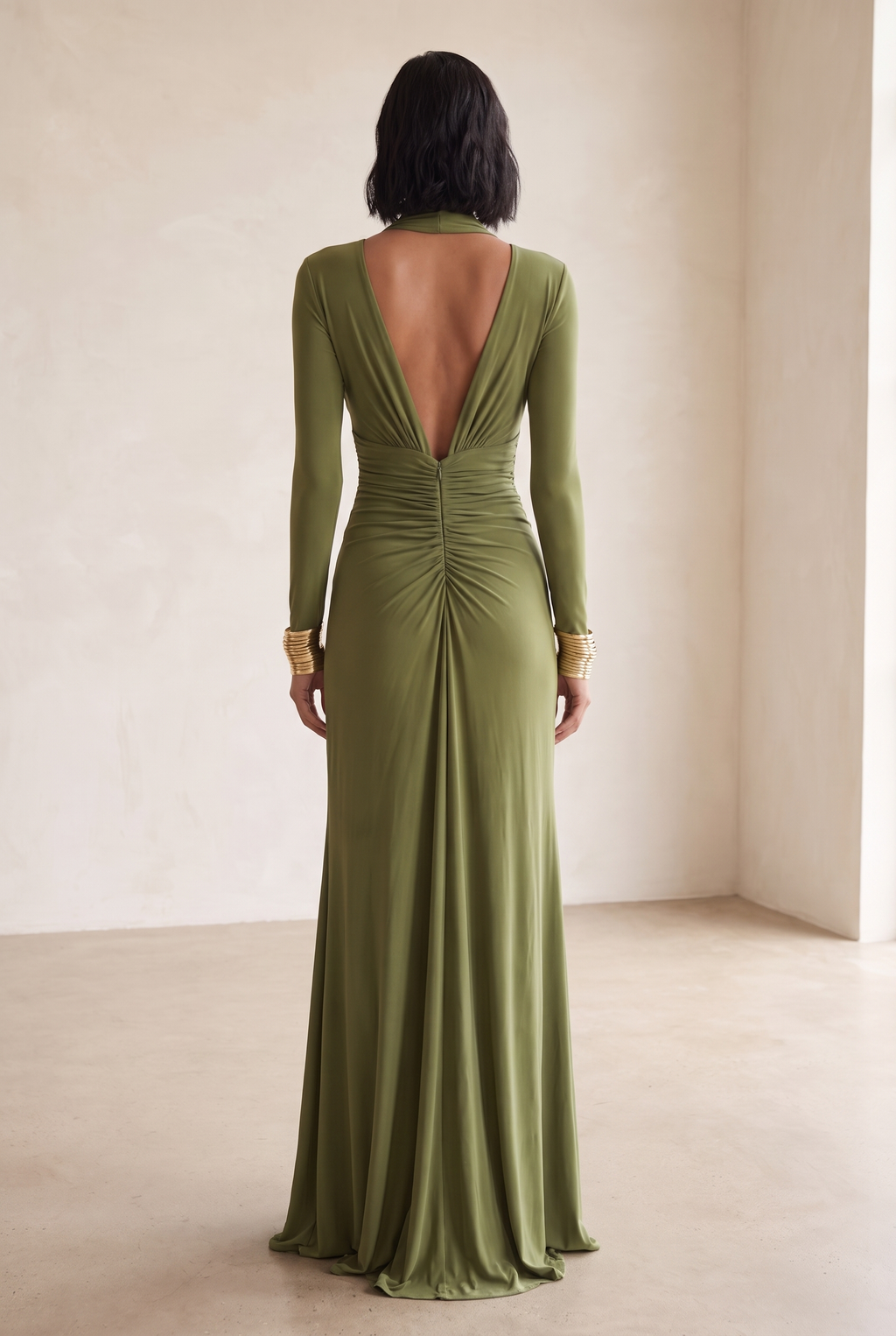 Olive green long sleeve formal maxi dress with draped plunge neckline - view 3
