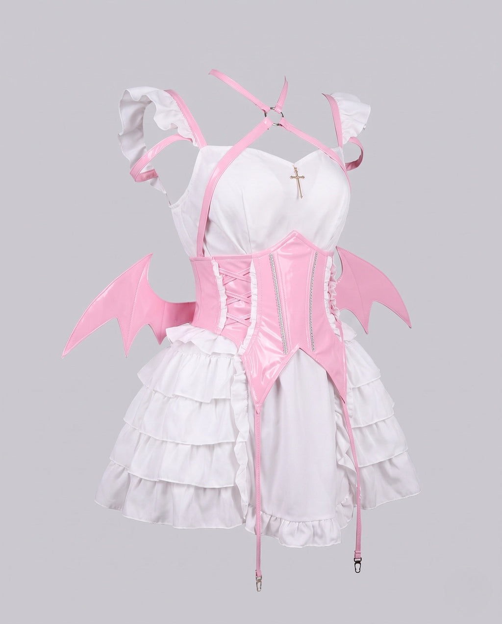 Women's devil Halloween costume with white ruffle mini dress, glossy corset belt, bat wings and harness - view 4