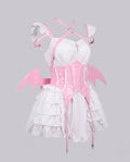 Women's devil Halloween costume with white ruffle mini dress, glossy corset belt, bat wings and harness - view 4