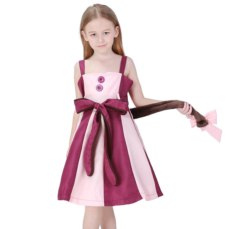 Girls cat Halloween costume with striped pink and plum dress, faux fur trimmed hooded cape with ears and plush tail - view 2