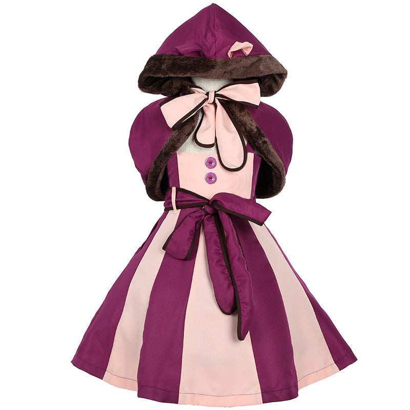 Girls cat Halloween costume with striped pink and plum dress, faux fur trimmed hooded cape with ears and plush tail - view 3