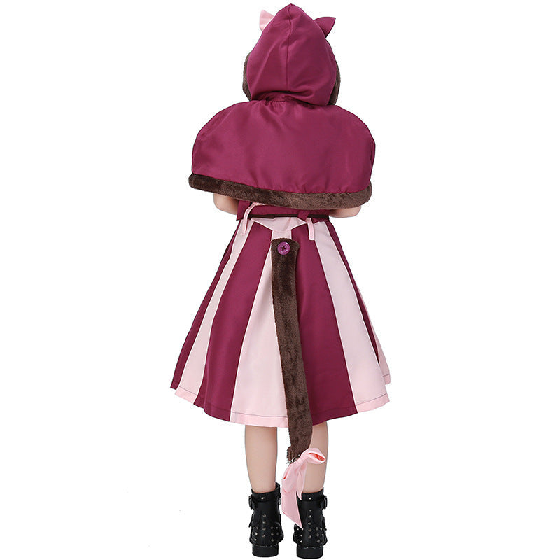 Girls cat Halloween costume with striped pink and plum dress, faux fur trimmed hooded cape with ears and plush tail - view 4