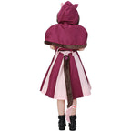Girls cat Halloween costume with striped pink and plum dress, faux fur trimmed hooded cape with ears and plush tail - view 4