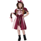 Girls cat Halloween costume with striped pink and plum dress, faux fur trimmed hooded cape with ears and plush tail - view 5