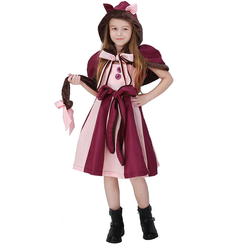 Girls cat Halloween costume with striped pink and plum dress, faux fur trimmed hooded cape with ears and plush tail - view 6