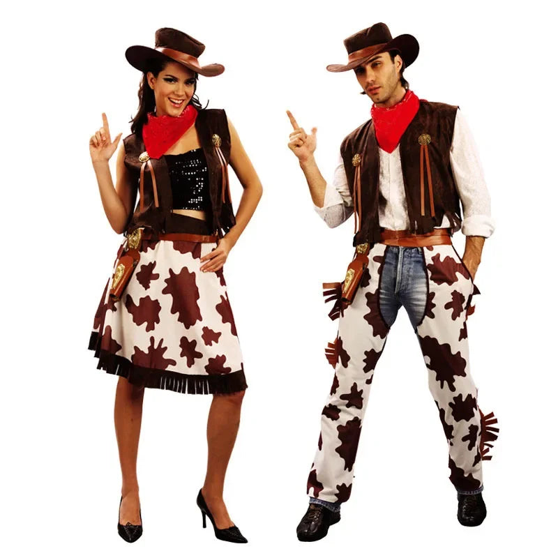 Cowboy and cowgirl couples Halloween costume with cow-print skirt, chaps-style pants, fringed brown vest, hat and red bandana