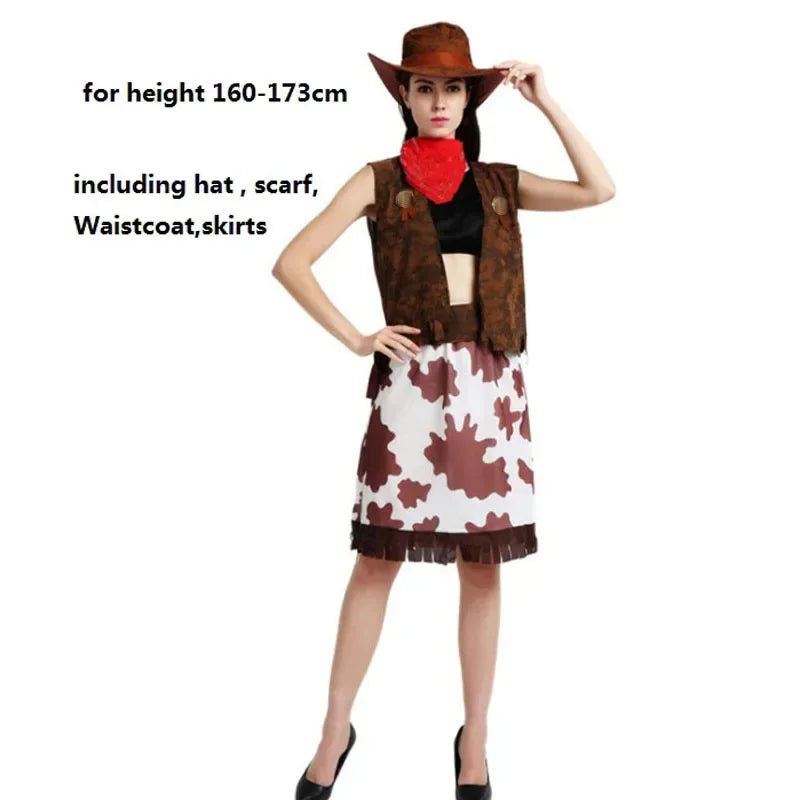Cowboy and cowgirl couples Halloween costume with cow-print skirt, chaps-style pants, fringed brown vest, hat and red bandana - view 3