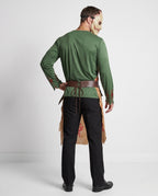 Men's butcher Halloween costume with blood-splatter print apron, green top and stitched-face mask - view 3