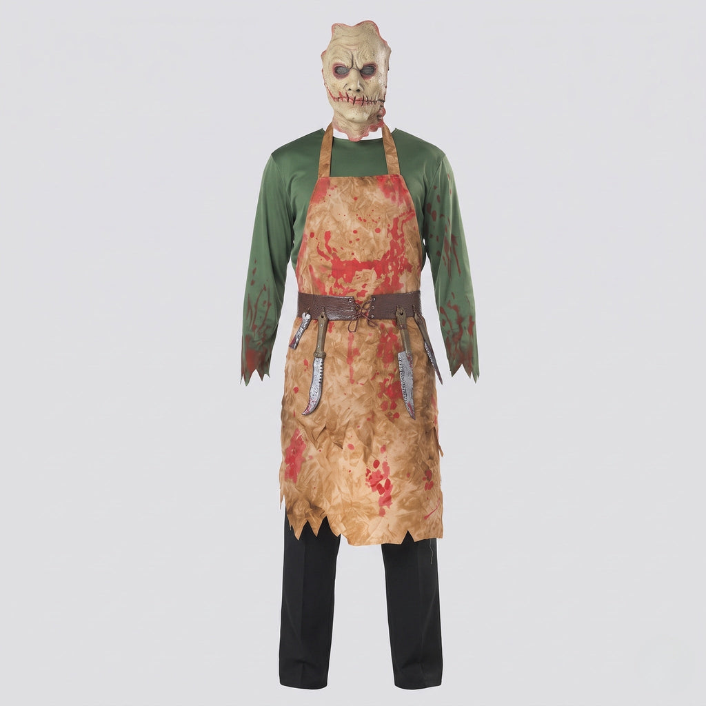 Men's butcher Halloween costume with blood-splatter print apron, green top and stitched-face mask - view 4
