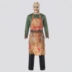 Men's butcher Halloween costume with blood-splatter print apron, green top and stitched-face mask - view 4