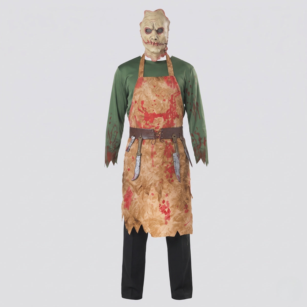 Men's butcher Halloween costume with blood-splatter print apron, green top and stitched-face mask - view 4