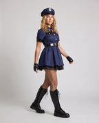 Women's navy police Halloween costume mini dress with tie, patent-look belt and badge hat