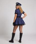 Women's navy police Halloween costume mini dress with tie, patent-look belt and badge hat - view 3