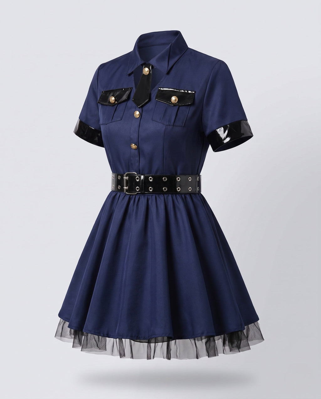 Women's navy police Halloween costume mini dress with tie, patent-look belt and badge hat - view 4