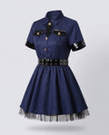 Women's navy police Halloween costume mini dress with tie, patent-look belt and badge hat - view 4