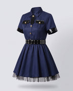 Women's navy police Halloween costume mini dress with tie, patent-look belt and badge hat - view 4