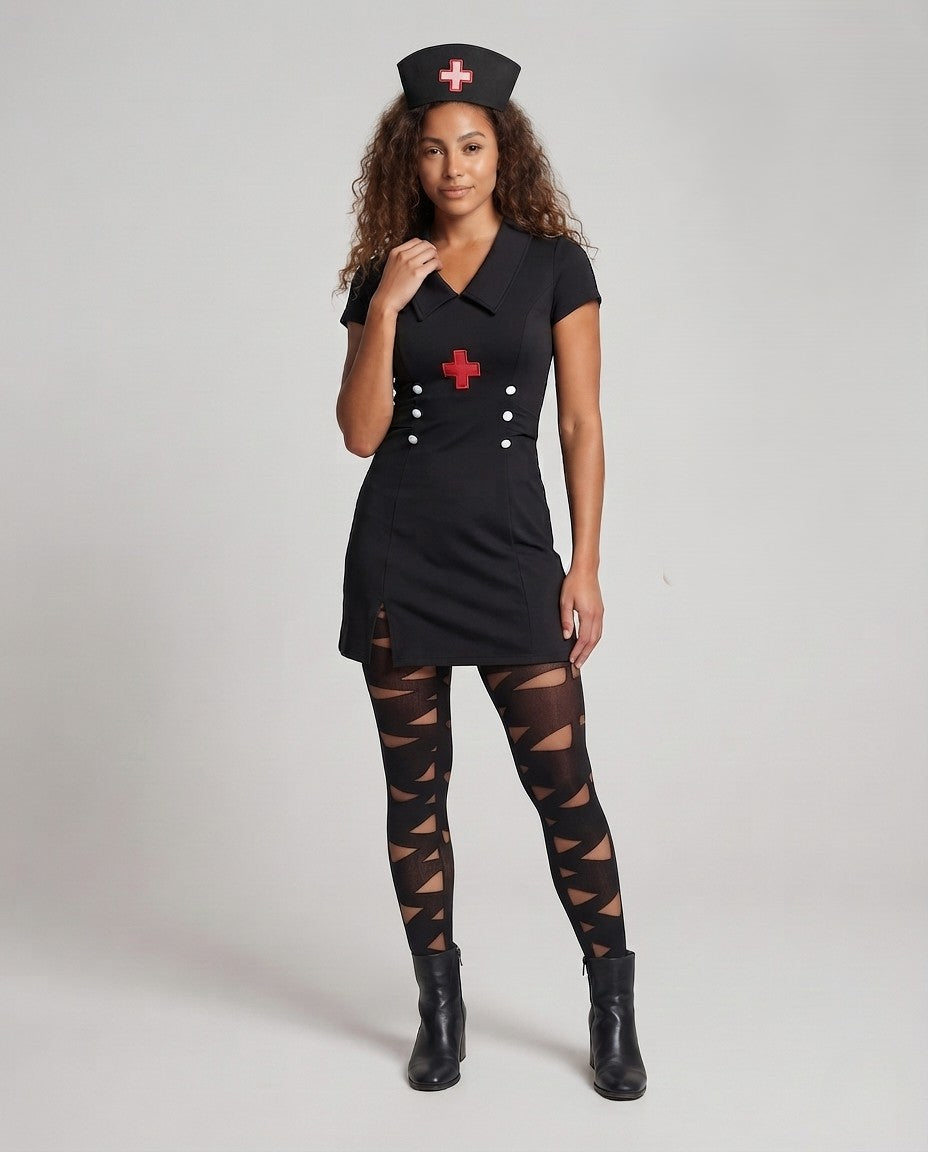 Black nurse Halloween costume mini dress with collar, red cross patch and white buttons