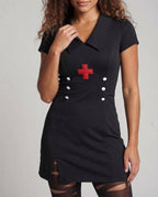 Black nurse Halloween costume mini dress with collar, red cross patch and white buttons - view 2