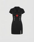 Black nurse Halloween costume mini dress with collar, red cross patch and white buttons - view 3