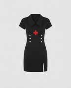 Black nurse Halloween costume mini dress with collar, red cross patch and white buttons - view 3