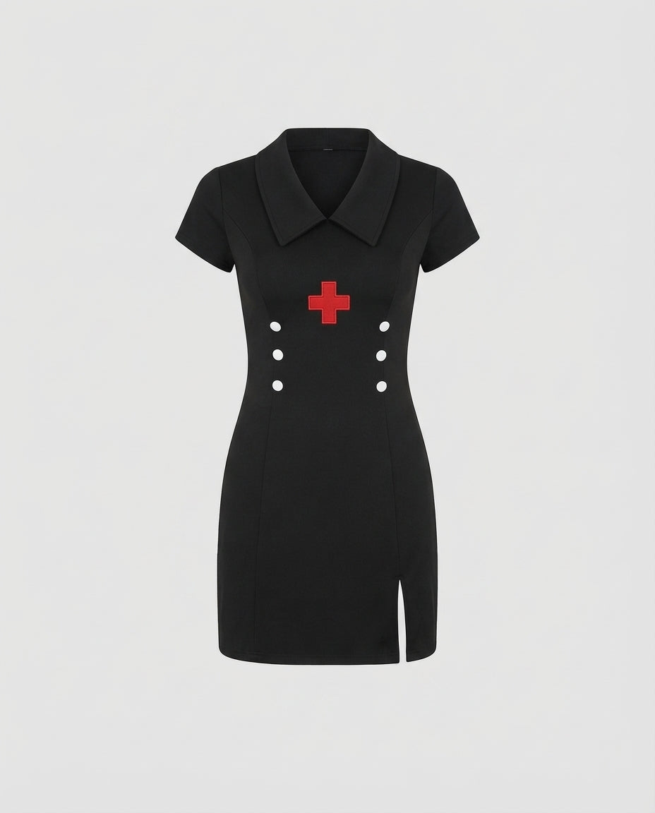 Black nurse Halloween costume mini dress with collar, red cross patch and white buttons - view 3