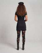 Black nurse Halloween costume mini dress with collar, red cross patch and white buttons - view 4