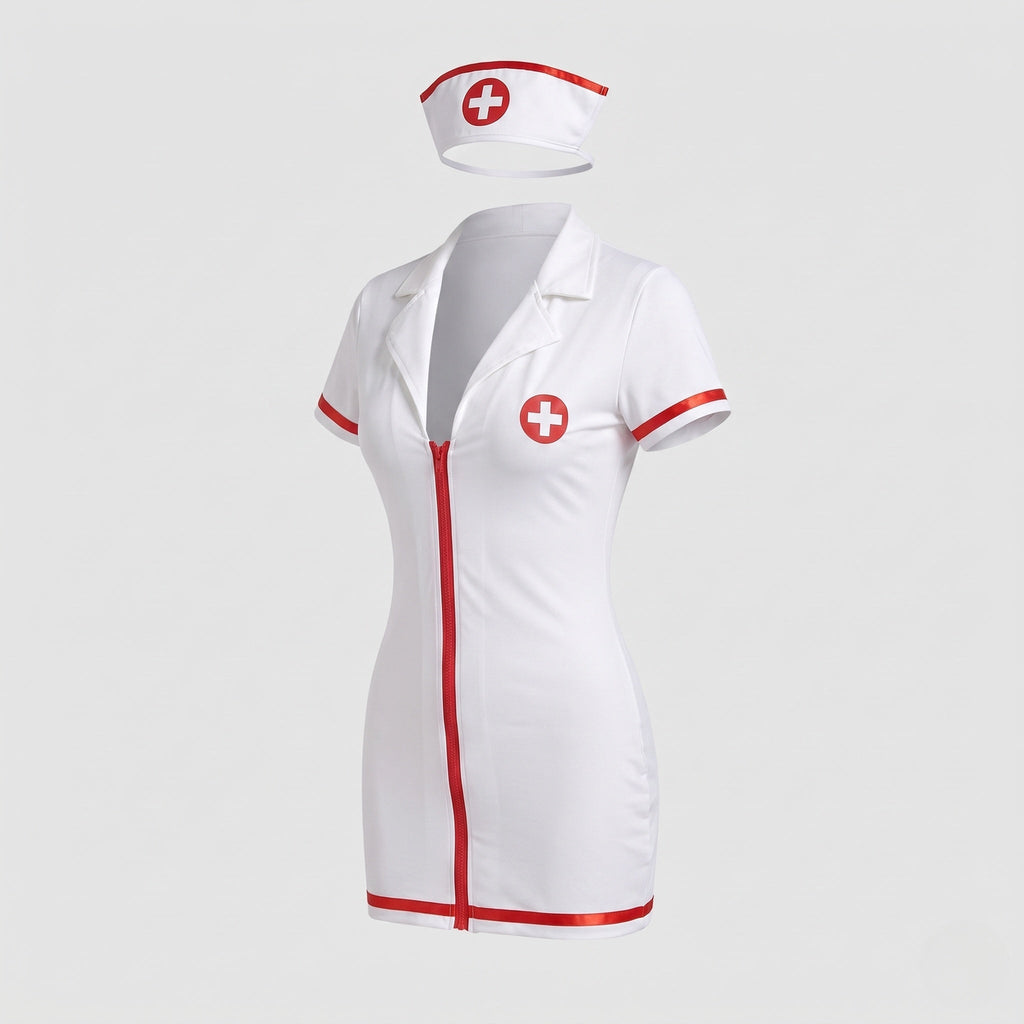 Woman wearing a white nurse Halloween costume mini dress with red zipper, red trim and nurse cap - view 5