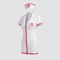 Woman wearing a white nurse Halloween costume mini dress with red zipper, red trim and nurse cap - view 5