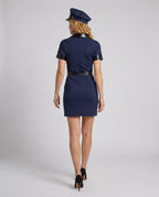 Women's navy police Halloween costume dress with black faux leather collar, belt and badge cap - view 3