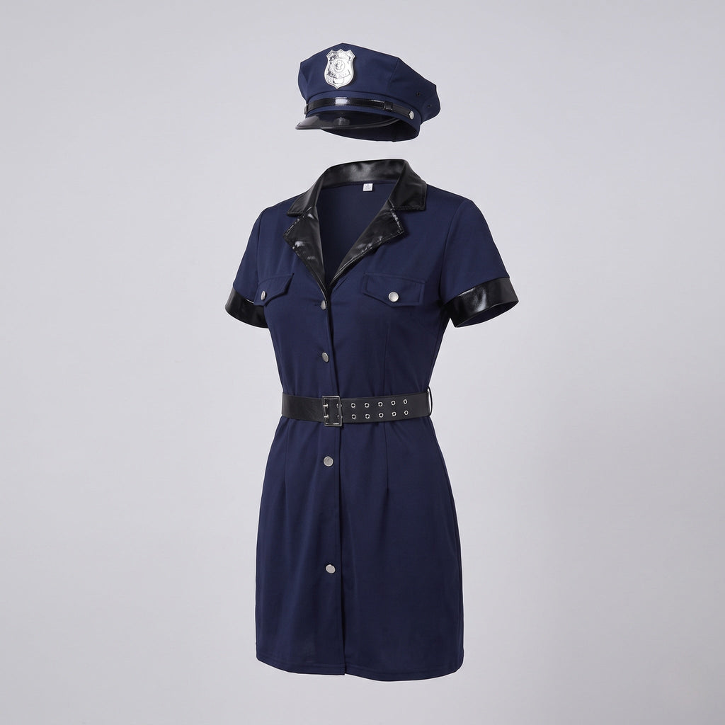 Women's navy police Halloween costume dress with black faux leather collar, belt and badge cap - view 4