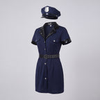 Women's navy police Halloween costume dress with black faux leather collar, belt and badge cap - view 4