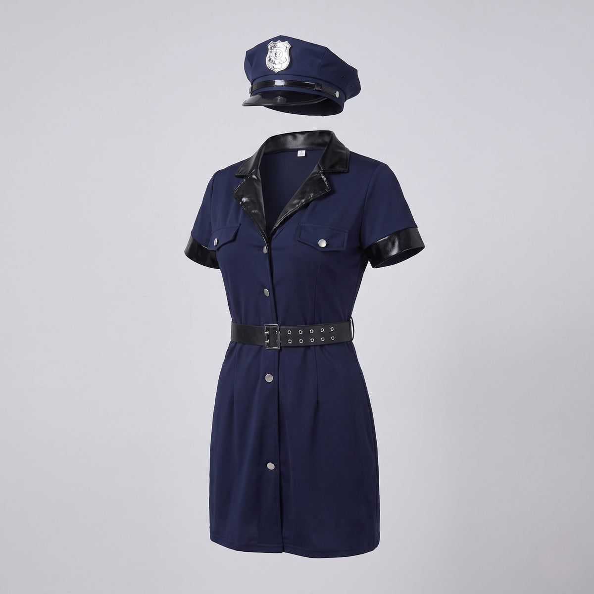 Women's navy police Halloween costume dress with black faux leather collar, belt and badge cap - view 4