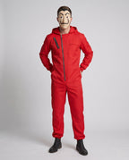 Man wearing red hooded zip-front jumpsuit costume