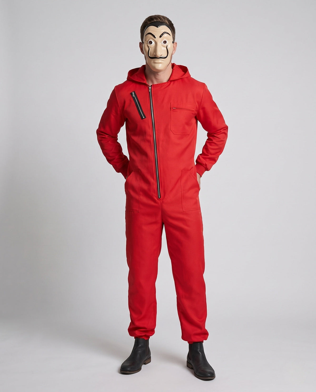 Man wearing red hooded zip-front jumpsuit costume