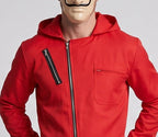 Man wearing red hooded zip-front jumpsuit costume - view 2