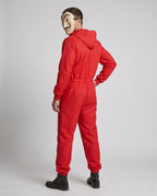 Man wearing red hooded zip-front jumpsuit costume - view 3