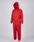 Man wearing red hooded zip-front jumpsuit costume - view 4