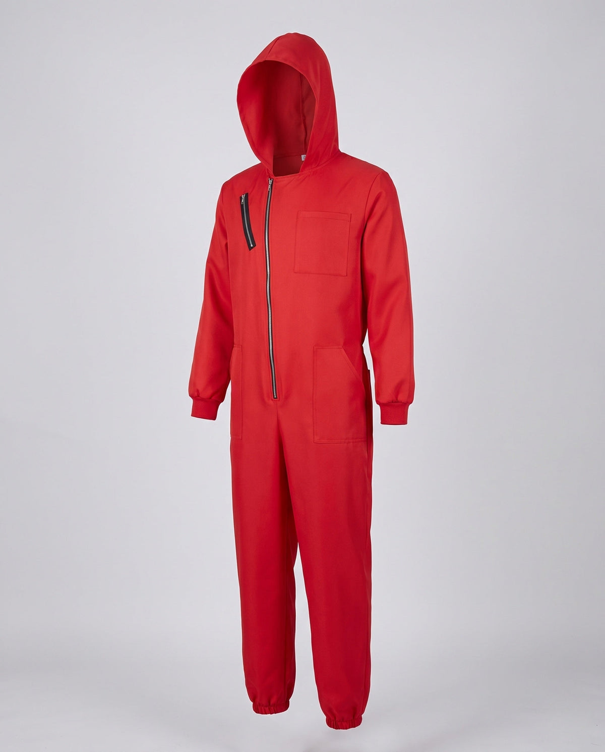 Man wearing red hooded zip-front jumpsuit costume - view 4