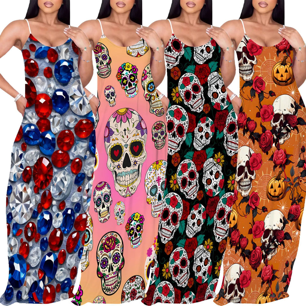 Woman wearing a printed spaghetti strap maxi dress with skull and rose print