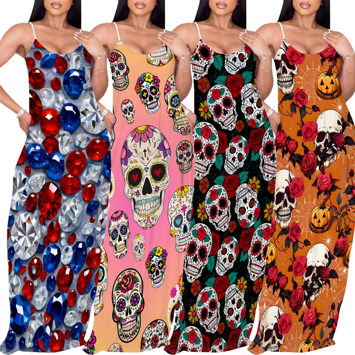 Woman wearing a printed spaghetti strap maxi dress with skull and rose print