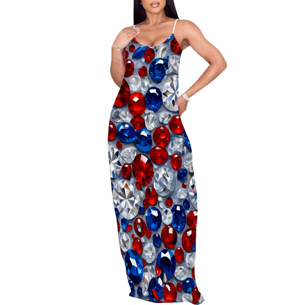 Woman wearing a printed spaghetti strap maxi dress with skull and rose print - view 3