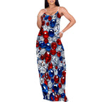 Woman wearing a printed spaghetti strap maxi dress with skull and rose print - view 3