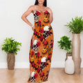 Woman wearing a printed spaghetti strap maxi dress with skull and rose print - view 4