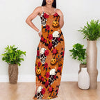 Woman wearing a printed spaghetti strap maxi dress with skull and rose print - view 4