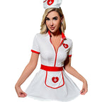 Women's white nurse Halloween costume dress with red trim, zip front, heart apron and nurse hat - view 4